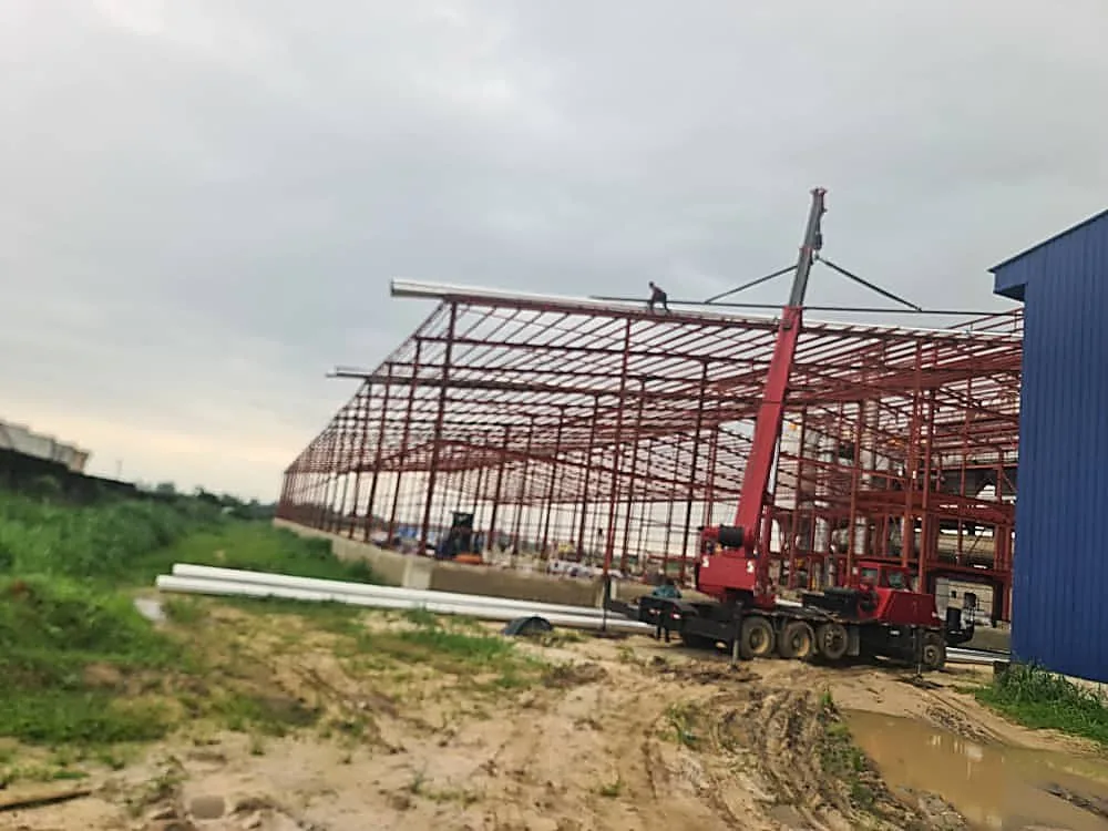 Crane on site, warehouse steel erection